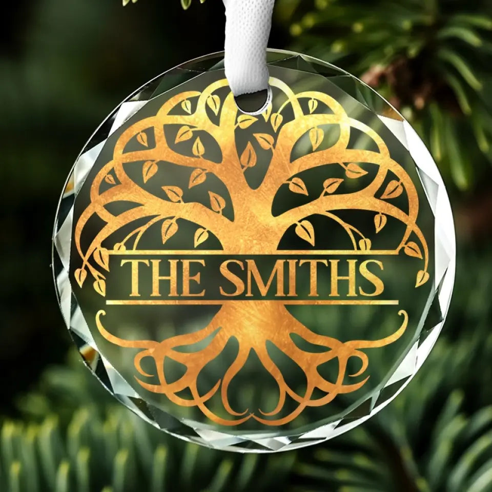 L'arbre résilient et durable de notre famille - Ornement en verre personnalisé en forme de cercle - Cadeau de Noël pour les membres de la famille