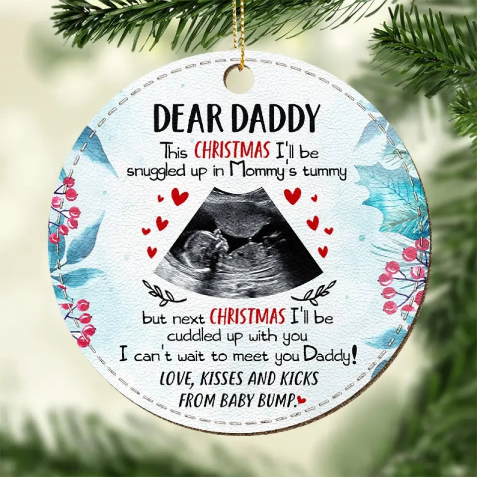 Photo personnalisée : avancez dans ce voyage d'amour et de joie ! Ornement en cuir personnalisé pour la famille ! Cadeau de Noël pour bébé, enfant et nouveau-né.