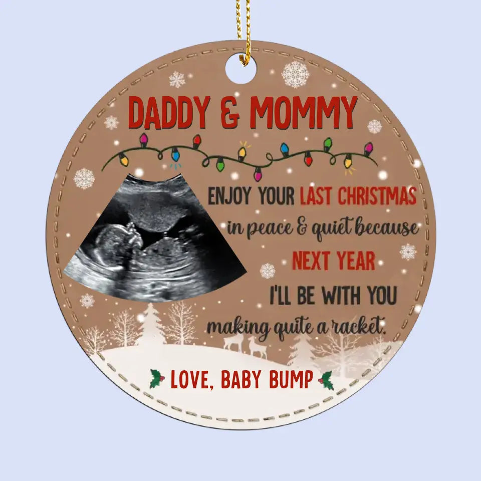 Photo personnalisée L'année prochaine, je serai avec toi - Ornement en cuir personnalisé pour la famille - Cadeau de Noël pour bébé, enfants, nouveau-né