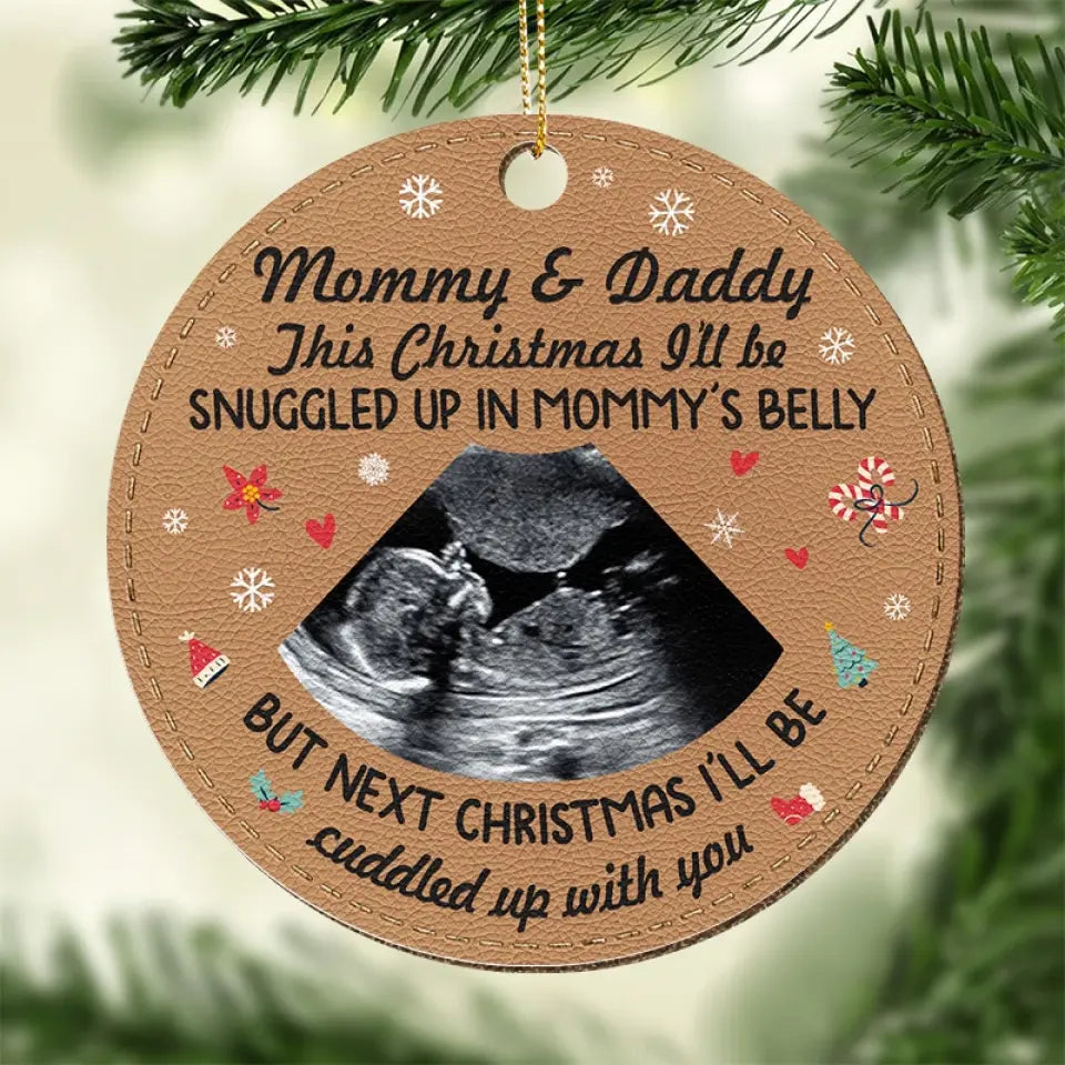 Photo personnalisée Voici le soleil de notre famille - Ornement en cuir personnalisé pour la famille - Cadeau de Noël pour bébé, enfant, nouveau-né