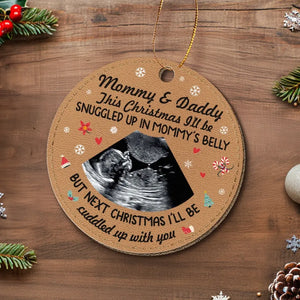 Photo personnalisée Voici le soleil de notre famille - Ornement en cuir personnalisé pour la famille - Cadeau de Noël pour bébé, enfant, nouveau-né