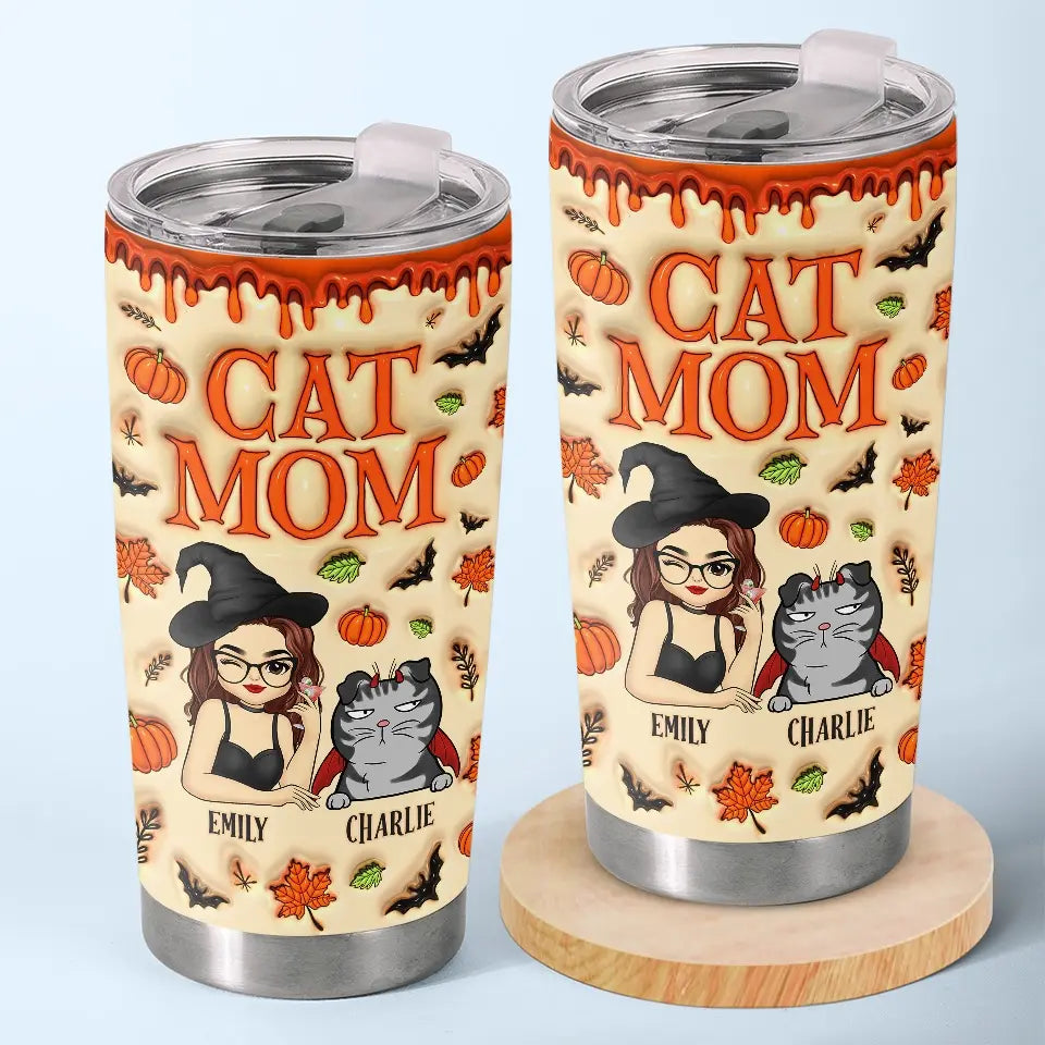 Adorable chat sorcière d'Halloween - Gobelet personnalisé avec effet gonflable 3D imprimé - Cadeau d'Halloween pour les propriétaires et les amoureux des animaux