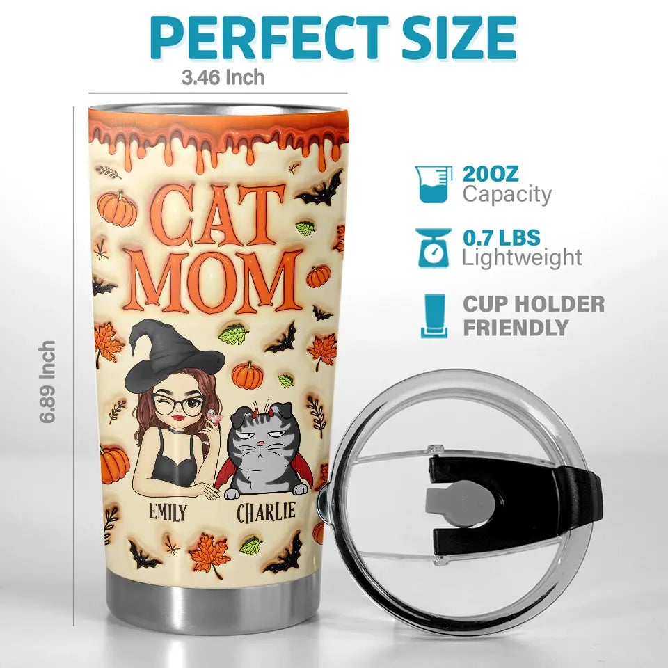 Adorable chat sorcière d'Halloween - Gobelet personnalisé avec effet gonflable 3D imprimé - Cadeau d'Halloween pour les propriétaires et les amoureux des animaux