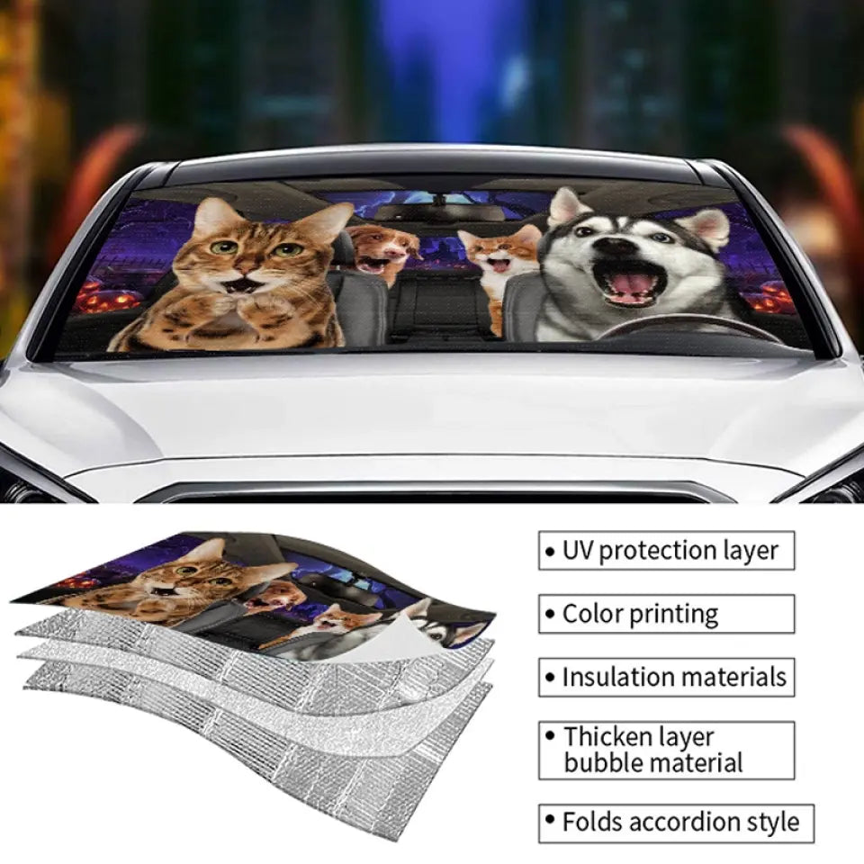 Les animaux de compagnie font partie de la famille et embellissent la vie ! Pare-soleil personnalisé pour pare-brise de voiture, protection de vitre de voiture, cadeau d'Halloween pour propriétaires et amoureux des animaux.
