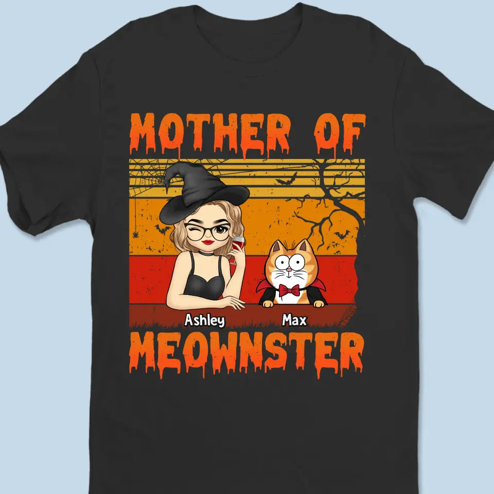 T-shirt, sweat à capuche et sweat-shirt unisexe personnalisé « Mother Of Meownsters » avec chat ; cadeau d'Halloween pour les propriétaires et les amoureux des animaux.