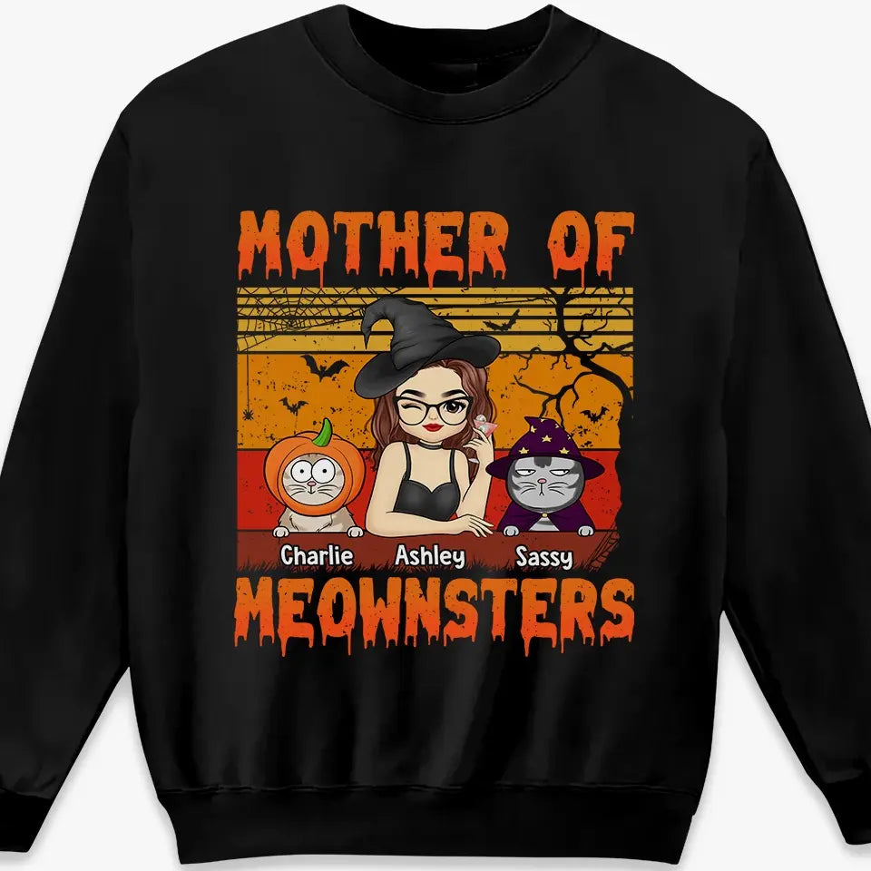 T-shirt, sweat à capuche et sweat-shirt unisexe personnalisé « Mother Of Meownsters » avec chat ; cadeau d'Halloween pour les propriétaires et les amoureux des animaux.