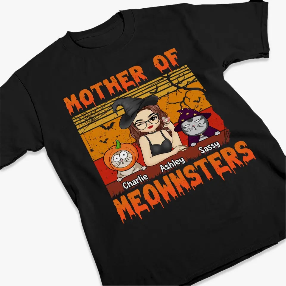 T-shirt, sweat à capuche et sweat-shirt unisexe personnalisé « Mother Of Meownsters » avec chat ; cadeau d'Halloween pour les propriétaires et les amoureux des animaux.
