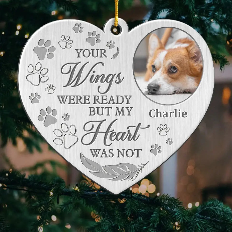Photo personnalisée « Puissiez-vous trouver du réconfort dans les bras d'un ange » - Ornement commémoratif personnalisé - Forme personnalisée en métal - Cadeau de condoléances, cadeau de Noël pour propriétaires d'animaux et amoureux des animaux