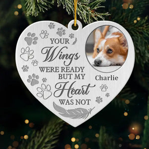 Photo personnalisée « Puissiez-vous trouver du réconfort dans les bras d'un ange » - Ornement commémoratif personnalisé - Forme personnalisée en métal - Cadeau de condoléances, cadeau de Noël pour propriétaires d'animaux et amoureux des animaux