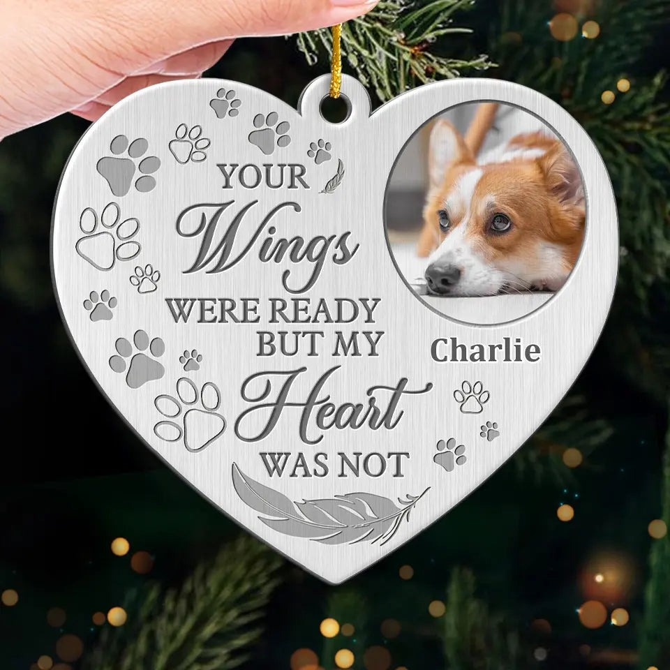 Photo personnalisée « Puissiez-vous trouver du réconfort dans les bras d'un ange » - Ornement commémoratif personnalisé - Forme personnalisée en métal - Cadeau de condoléances, cadeau de Noël pour propriétaires d'animaux et amoureux des animaux