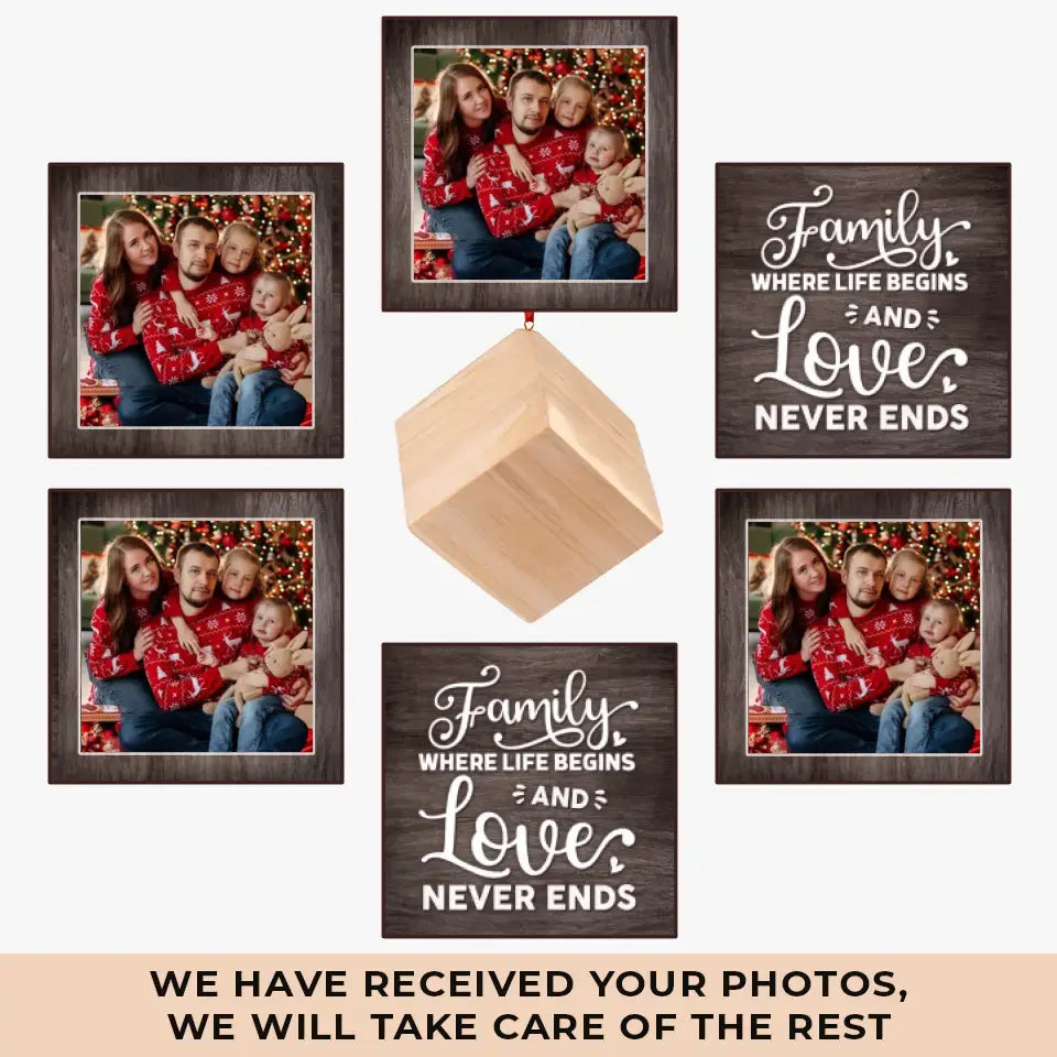 Photo personnalisée Famille Là où la vie commence et l'amour ne finit jamais - Ornement en bois personnalisé pour la famille - Cadeau de Noël pour les membres de la famille