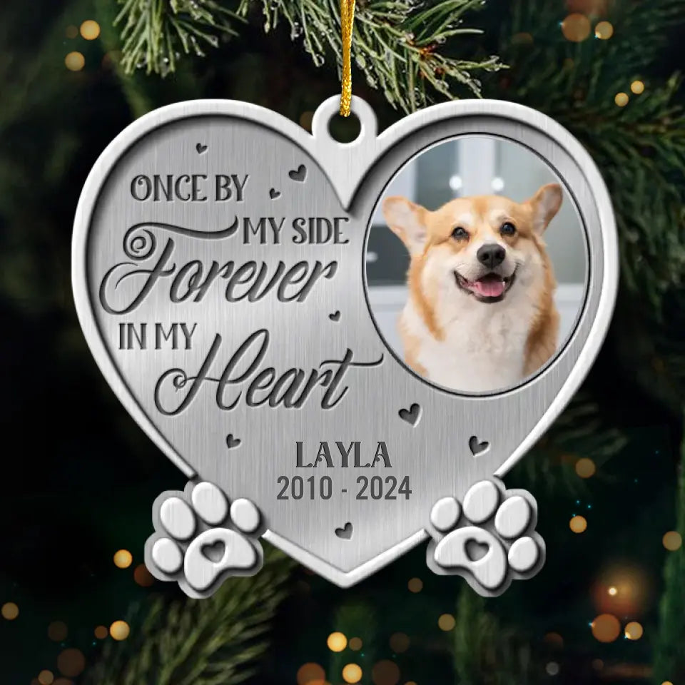 Photo personnalisée « Une fois à mes côtés, pour toujours dans mon cœur » – Ornement commémoratif personnalisé – Forme personnalisée en métal – Cadeau de condoléances, cadeau de Noël pour les propriétaires d'animaux et les amoureux des animaux