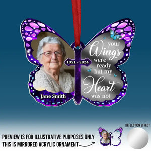 Photo personnalisée « Vos ailes étaient prêtes, mais mon cœur ne l'était pas » - Ornement commémoratif personnalisé en acrylique miroir - Cadeau de condoléances, cadeau de Noël pour les membres de la famille