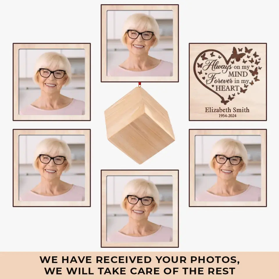 Photo personnalisée « Toujours dans mon esprit » – Ornement commémoratif personnalisé en forme de cube en bois – Cadeau de condoléances, cadeau de Noël pour les membres de la famille