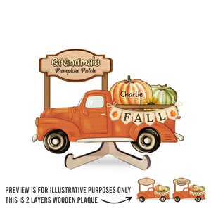 Le camion de grand-mère, plein de citrouilles et d'amour - Plaque en bois personnalisée à 2 couches avec support - Cadeau pour maman et grand-mère