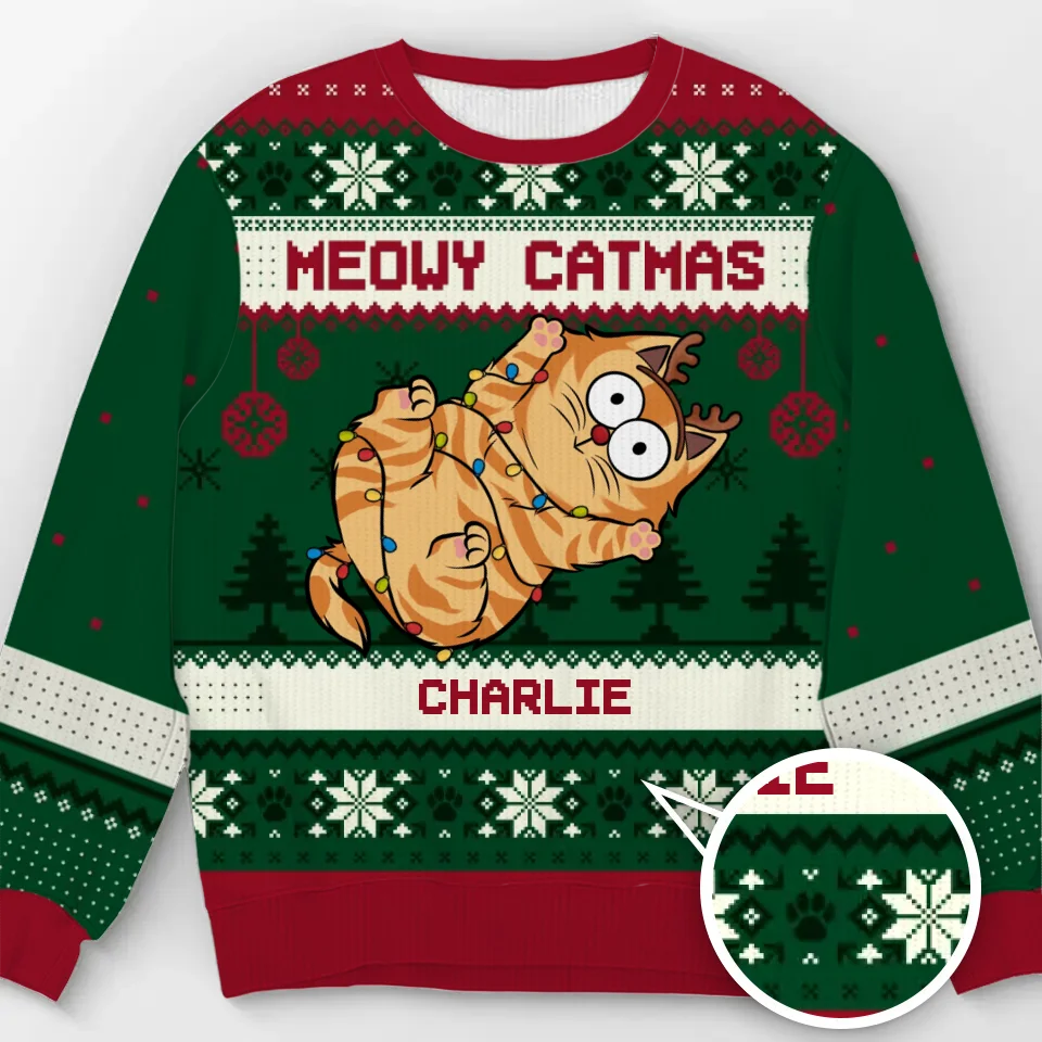 Sweat-shirt personnalisé « Holly Jolly Catmas » pour chat, moche et personnalisé, en laine, unisexe, cadeau de Noël pour les propriétaires et les amoureux des animaux.