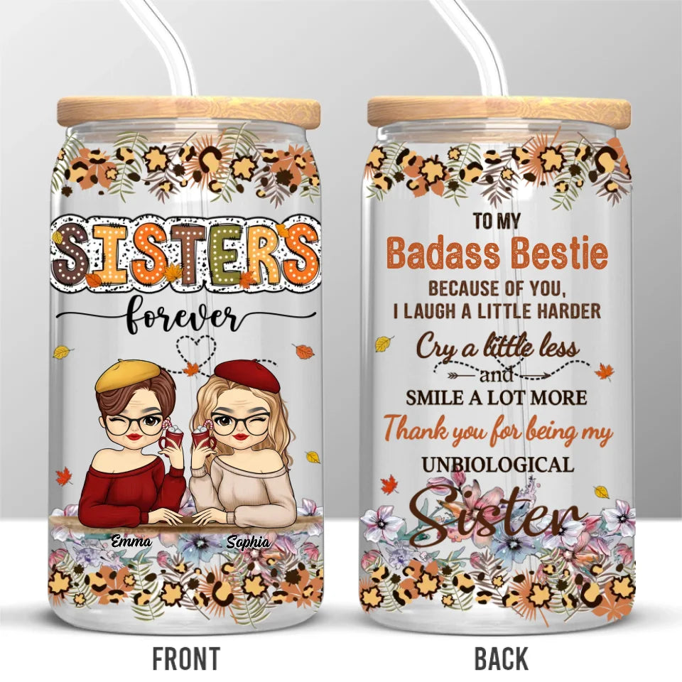 Merci d'être ma sœur non biologique - Tasse en verre personnalisée Bestie, tasse à café glacé - Cadeau pour meilleures amies, BFF, sœurs