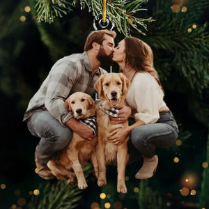 Photo personnalisée : Que l'esprit de Noël réchauffe nos cœurs - Ornement personnalisé pour couple - Forme personnalisée en acrylique - Cadeau de Noël pour mari et femme, anniversaire, propriétaires d'animaux, amoureux des animaux