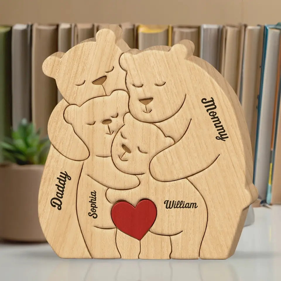 Ensemble, nous formons une belle famille - Puzzle en bois personnalisé en forme d'ours - Sculptures d'animaux en bois, ornements de table en sculpture sur bois, décoration en bois sculpté - Cadeau pour les membres de la famille