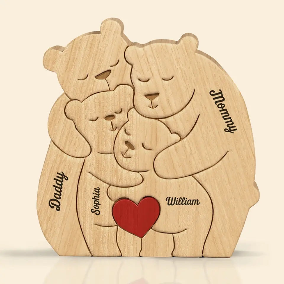 Ensemble, nous formons une belle famille - Puzzle en bois personnalisé en forme d'ours - Sculptures d'animaux en bois, ornements de table en sculpture sur bois, décoration en bois sculpté - Cadeau pour les membres de la famille