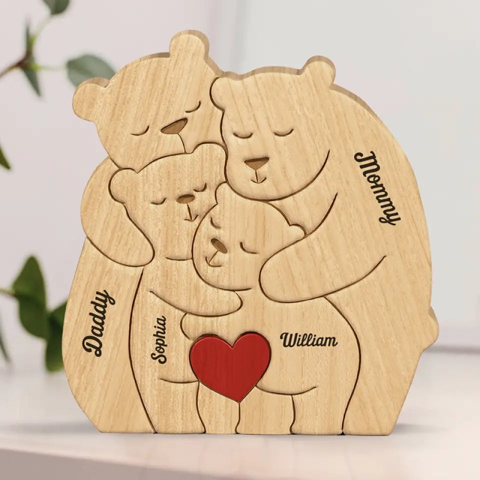Ensemble, nous formons une belle famille - Puzzle en bois personnalisé en forme d'ours - Sculptures d'animaux en bois, ornements de table en sculpture sur bois, décoration en bois sculpté - Cadeau pour les membres de la famille