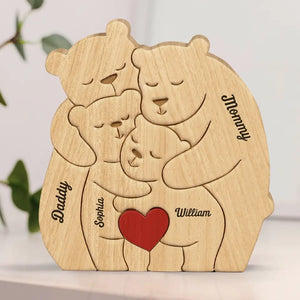 Ensemble, nous formons une belle famille - Puzzle en bois personnalisé en forme d'ours - Sculptures d'animaux en bois, ornements de table en sculpture sur bois, décoration en bois sculpté - Cadeau pour les membres de la famille