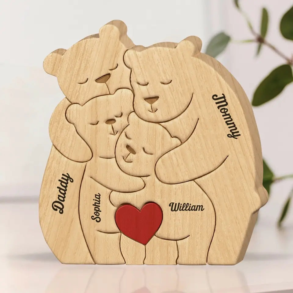 Ensemble, nous formons une belle famille - Puzzle en bois personnalisé en forme d'ours - Sculptures d'animaux en bois, ornements de table en sculpture sur bois, décoration en bois sculpté - Cadeau pour les membres de la famille