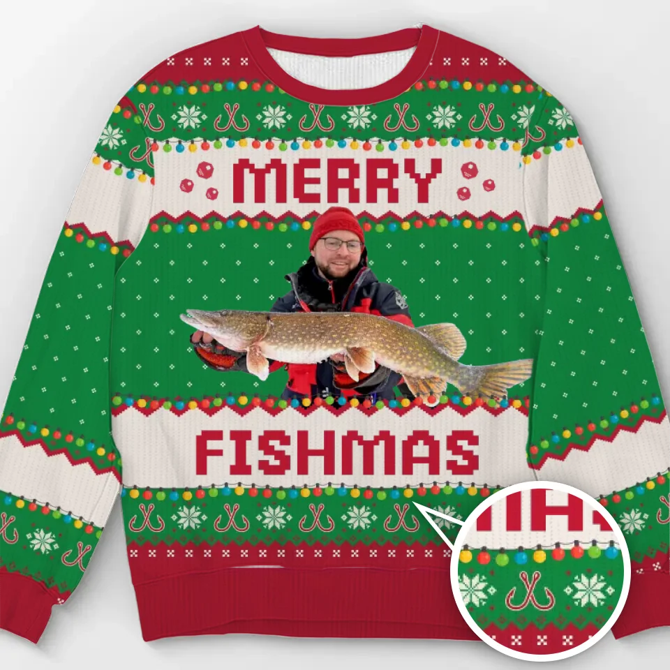 Sweat-shirt personnalisé avec photo de pêcheur - Pull en laine unisexe - Cadeau de Noël pour les amateurs de pêche
