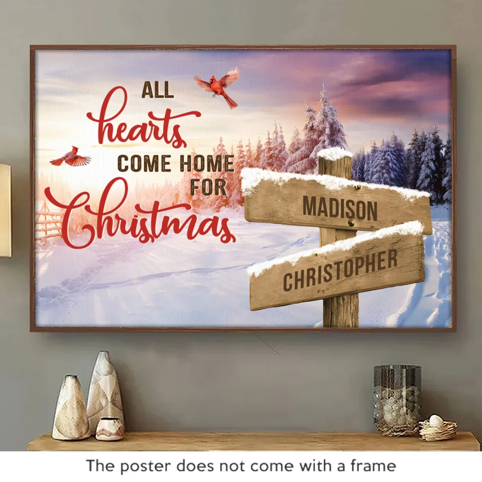 Tous les cœurs rentrent à la maison pour Noël - Affiche horizontale personnalisée pour la famille - Cadeau de Noël pour les membres de la famille