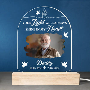 Photo personnalisée : une âme rayonnante qui ne sera jamais oubliée - Lumière LED 3D personnalisée commémorative - Cadeau de condoléances pour les membres de la famille