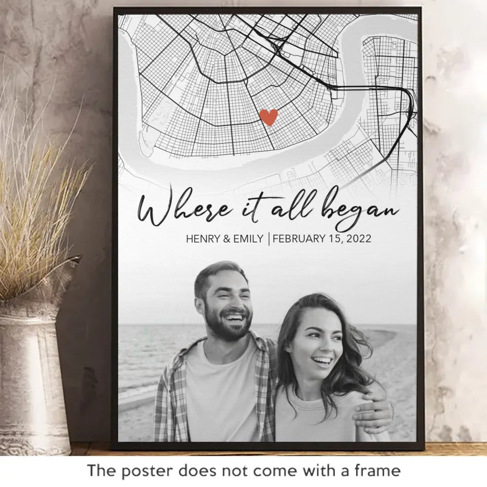 Carte de localisation photo personnalisée « Le début de l'éternité » - Affiche verticale personnalisée pour couple - Art cartographique, cadeau de Noël pour mari et femme, anniversaire
