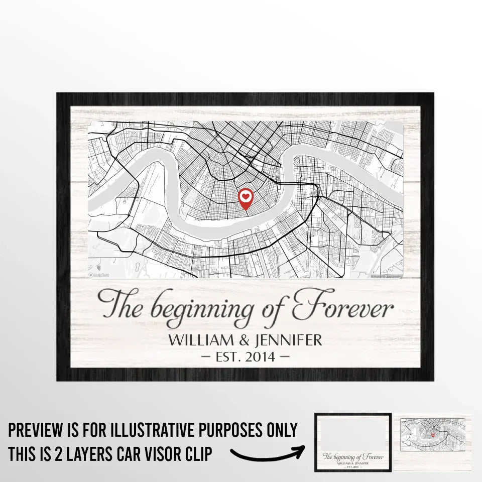 Carte de localisation « Je porte ton cœur avec moi » – Clip de pare-soleil de voiture personnalisé pour couple – Art cartographique, cadeau de Noël pour mari et femme, anniversaire