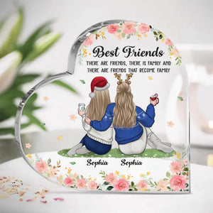 Il y a des amis qui deviennent une famille - Plaque acrylique personnalisée en forme de cœur pour meilleure amie - Cadeau de Noël pour meilleures amies, meilleures amies, sœurs
