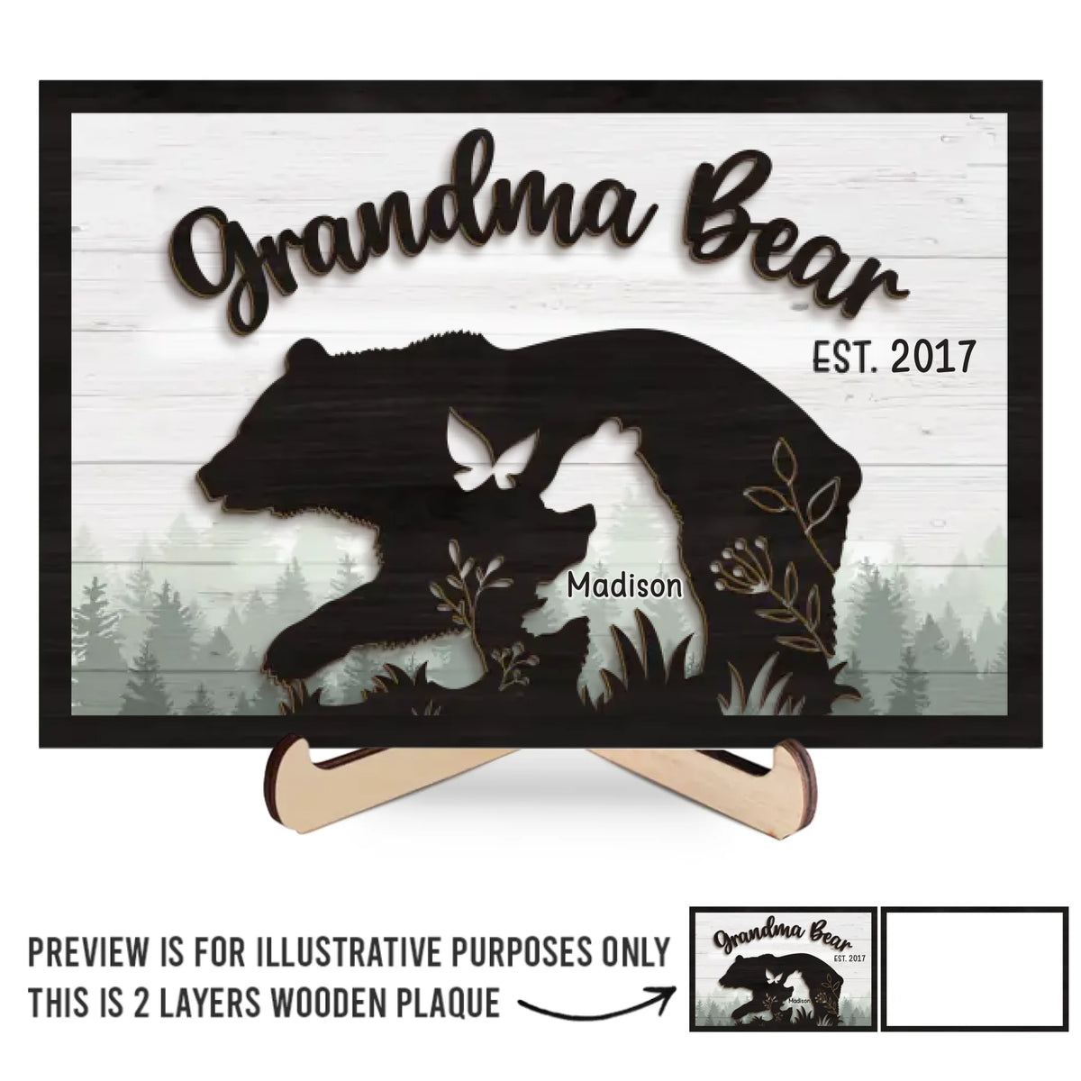 Une maman ourse aime avec feu et force - Plaque en bois personnalisée à 2 couches avec support - Cadeau pour maman, grand-mère