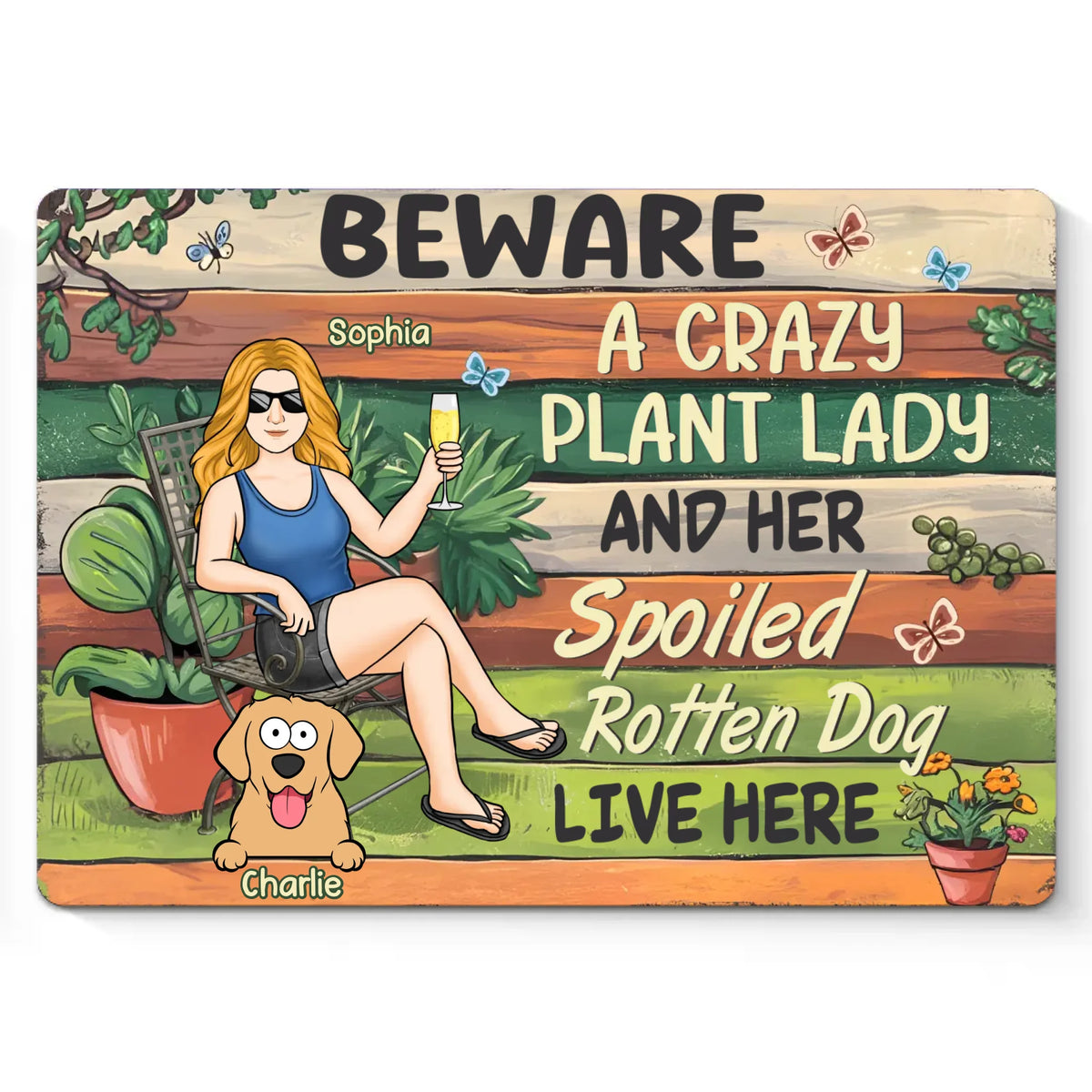 Une amoureuse des plantes et son petit chien vivent ici - Plaque en métal personnalisée pour décoration d'intérieur - Cadeau de pendaison de crémaillère pour propriétaires et amoureux des animaux