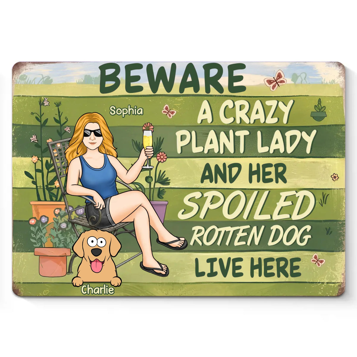 Une folle aux plantes et son chien pourri gâté vivent ici - Plaque en métal personnalisée pour chien - Cadeau de pendaison de crémaillère pour propriétaires et amoureux des animaux