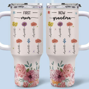 Racines de sagesse, pétales d'amour - Gobelet personnalisé en acier inoxydable de 113 ml avec poignée - Cadeau pour maman et grand-mère