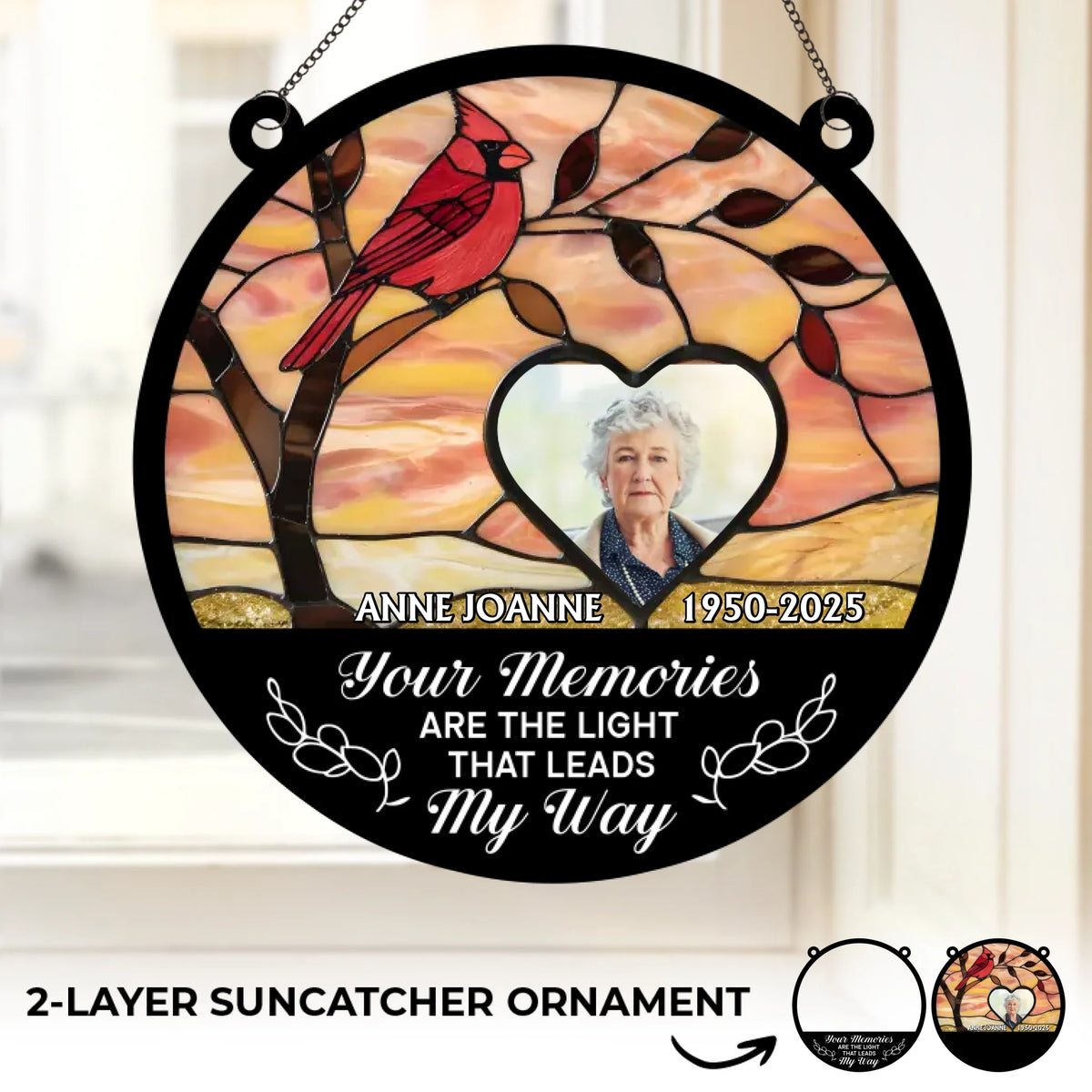 Photo personnalisée célébrant des souvenirs qui brillent de mille feux - Ornement attrape-soleil personnalisé à suspendre à une fenêtre - Cadeau de condoléances pour les membres de la famille