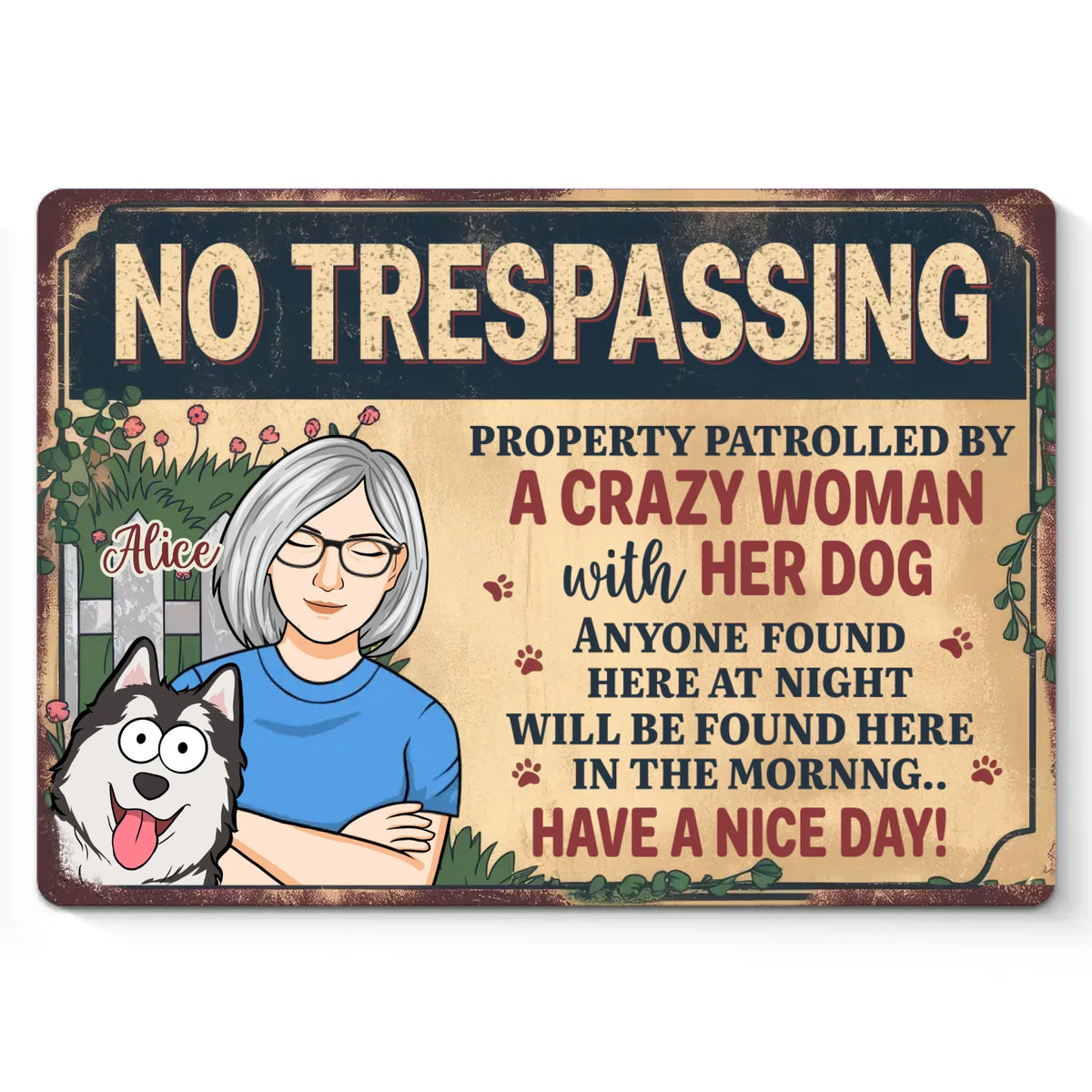 Patrouillé par des chiens, protégé par leur propriétaire fou - Plaque en métal personnalisée pour décoration d'intérieur - Cadeau de pendaison de crémaillère pour propriétaires et amoureux des animaux