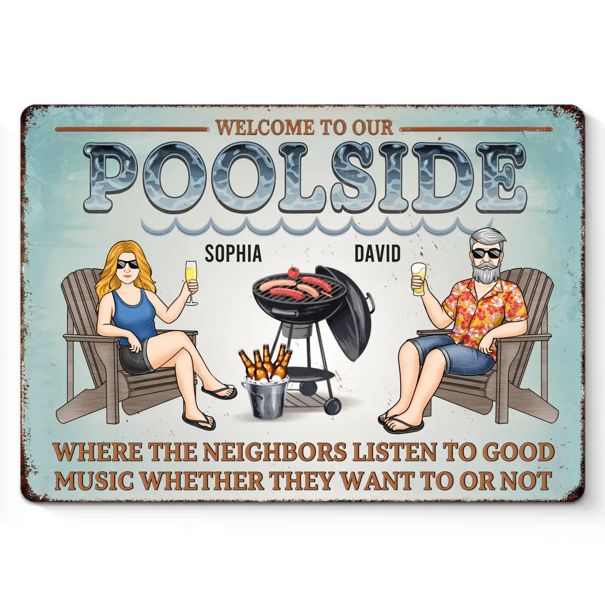 Griller, refroidir et remplir - Plaque décorative personnalisée en métal pour couple - Cadeau de pendaison de crémaillère pour vous-même, votre mari, votre femme, vos meilleurs amis ou votre famille