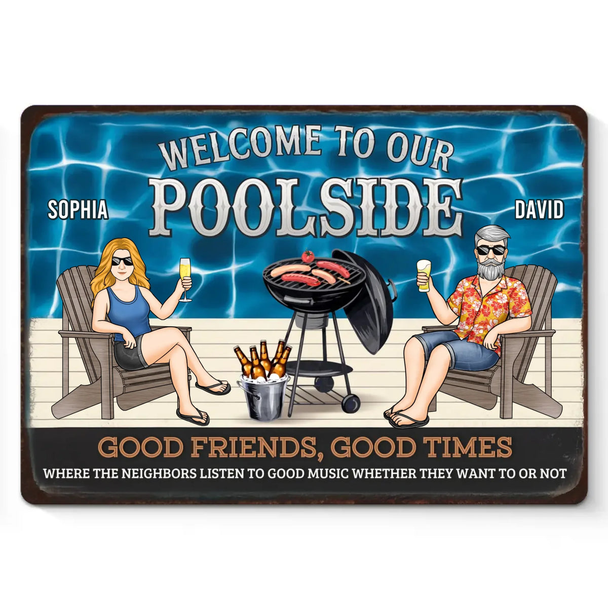 Bons moments, rythmes de la piscine - Plaque en métal personnalisée pour couple - Cadeau de pendaison de crémaillère pour vous-même, votre mari, votre femme, vos meilleurs amis ou votre famille
