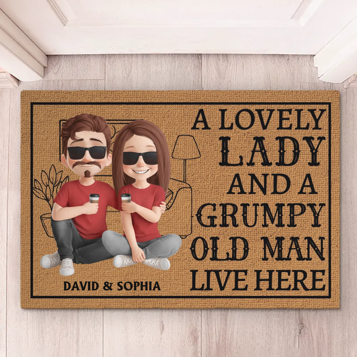 Une charmante dame et un vieil homme grincheux vivent ici - Tapis décoratif personnalisé pour couple - Cadeau de pendaison de crémaillère pour mari et femme, anniversaire