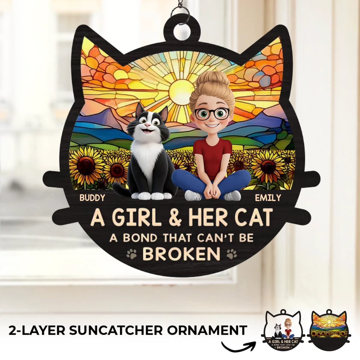 Un amour éternel - Décoration de fenêtre personnalisée en forme de chat - Cadeau pour les propriétaires et les amoureux des animaux