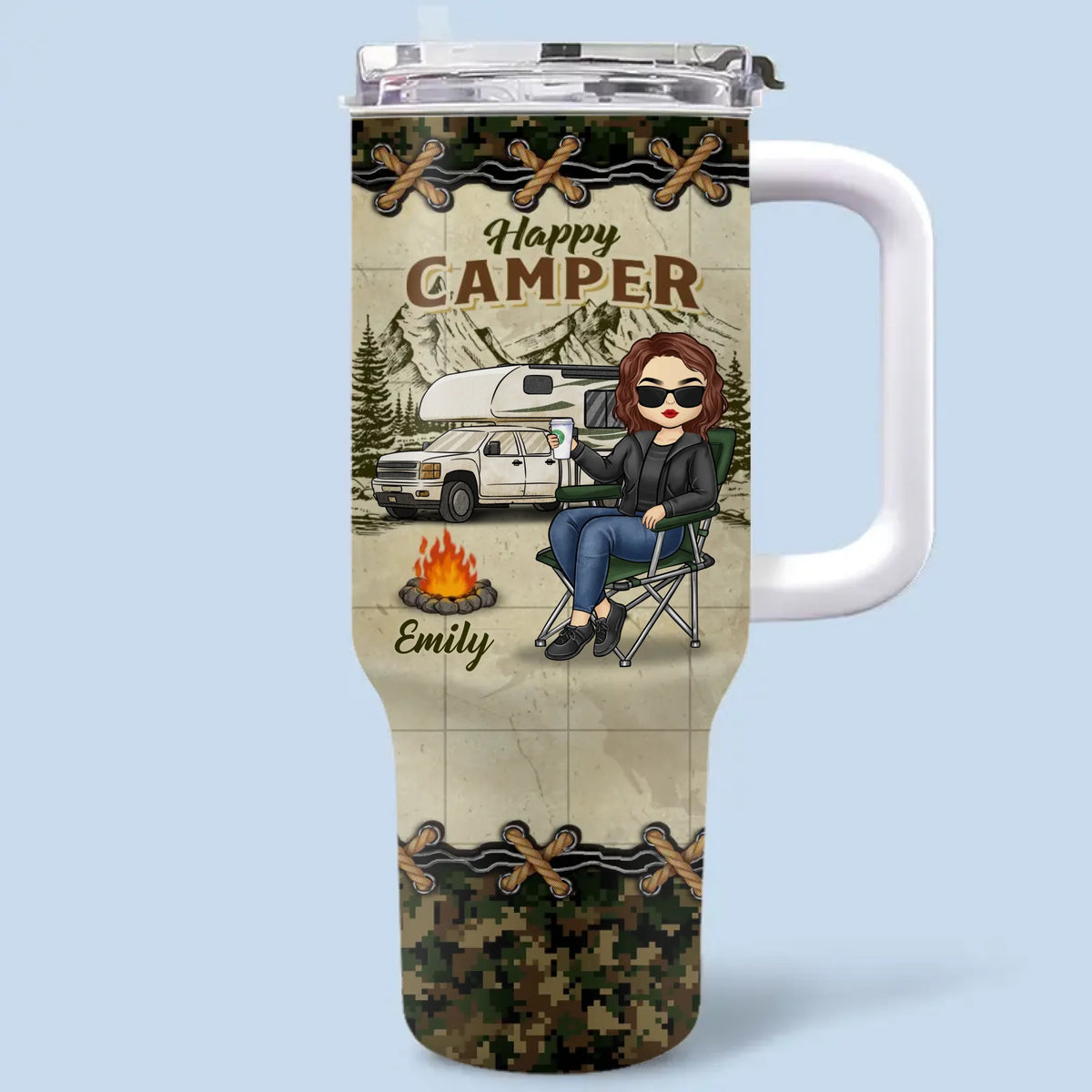 Quittez la route, empruntez les sentiers ! Gobelet personnalisé en acier inoxydable de 1 134 g avec poignée pour le camping ! Cadeau idéal pour les amateurs de camping.