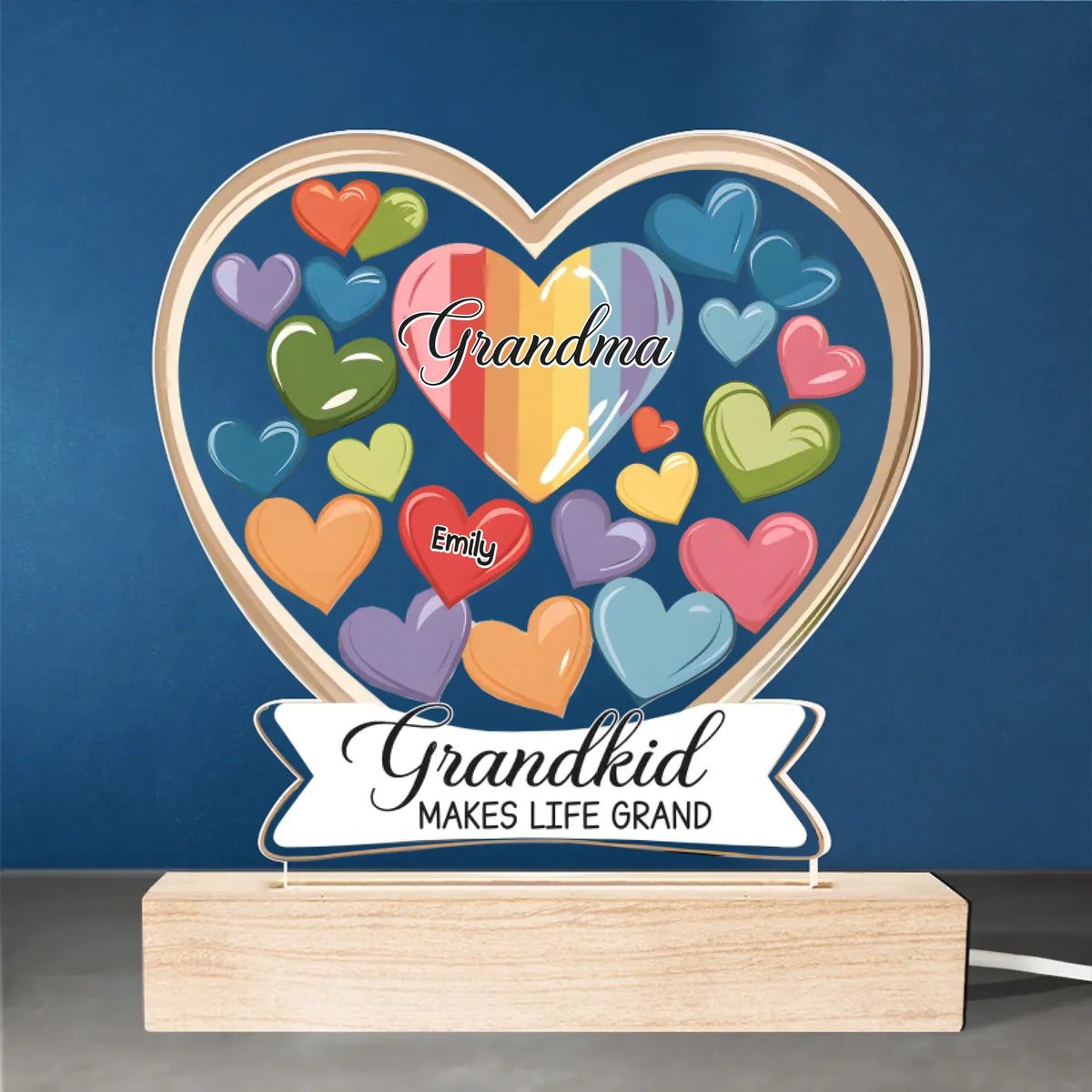 Pour toujours dans le cœur de grand-mère - Lampe LED 3D personnalisée en forme de famille - Cadeau pour grand-mère, grand-père, petit-enfant