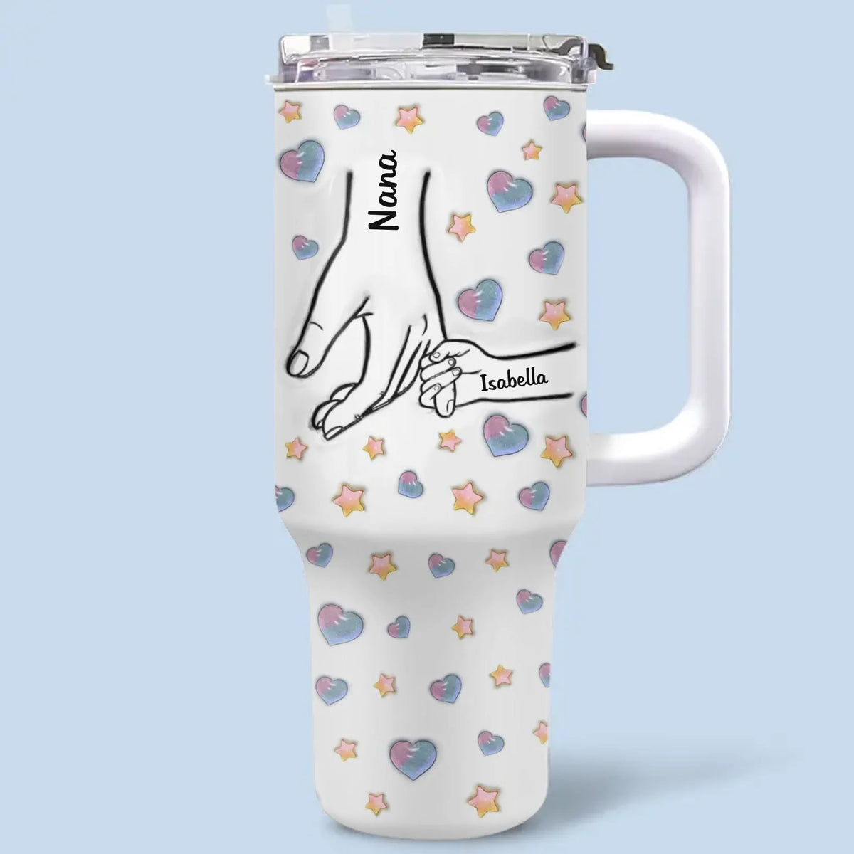 Mains dans la main, cœurs dans les mains - Gobelet personnalisé en acier inoxydable avec poignée, effet gonflé 3D, imprimé, 40 oz - Fête des Mères, cadeau pour maman, grand-mère