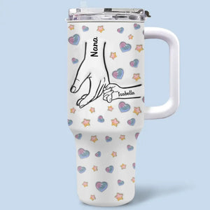 Mains dans la main, cœurs dans les mains - Gobelet personnalisé en acier inoxydable avec poignée, effet gonflé 3D, imprimé, 40 oz - Fête des Mères, cadeau pour maman, grand-mère