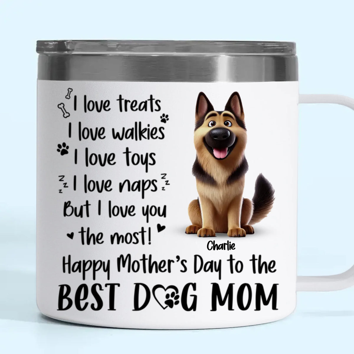 L'amour d'un chien ne s'arrête jamais - Gobelet personnalisé en acier inoxydable de 14 oz avec poignée - Cadeau pour les propriétaires et les amoureux des animaux