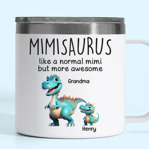 Féroce comme un dinosaure, aimant comme une Mimi - Gobelet personnalisé en acier inoxydable de 14 oz avec poignée - Fête des mères, cadeau pour maman, grand-mère