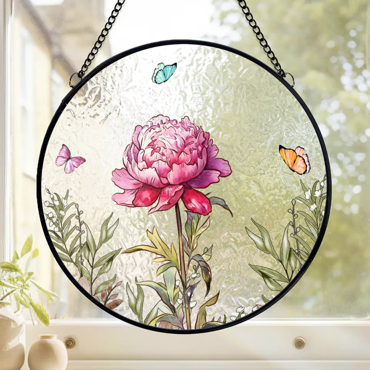 Son amour fleurit en toute saison - Attrape-soleil personnalisé à suspendre pour vitrail familial - Fête des Mères, cadeau pour maman, grand-mère